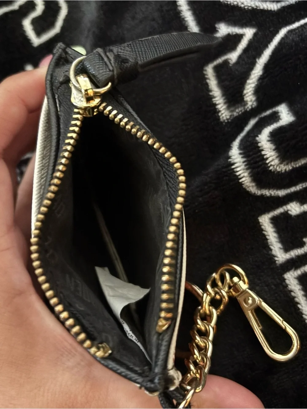 Steve Madden Black, Red and Cream Plaid Card Case with Gold Chain